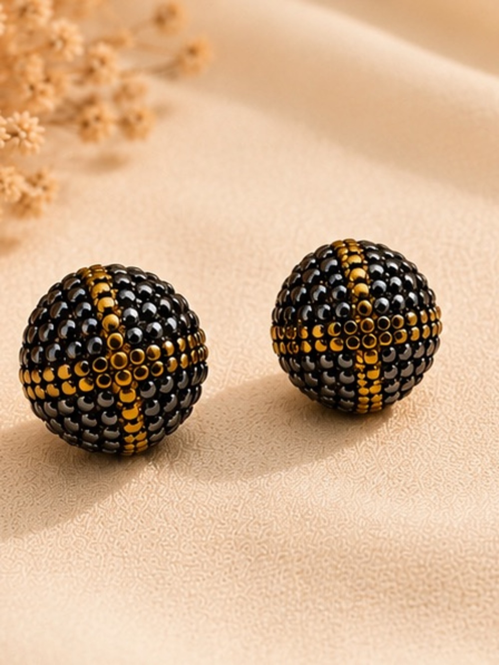 Designer Inspired Black & Gold Beaded Dome Stud Earrings